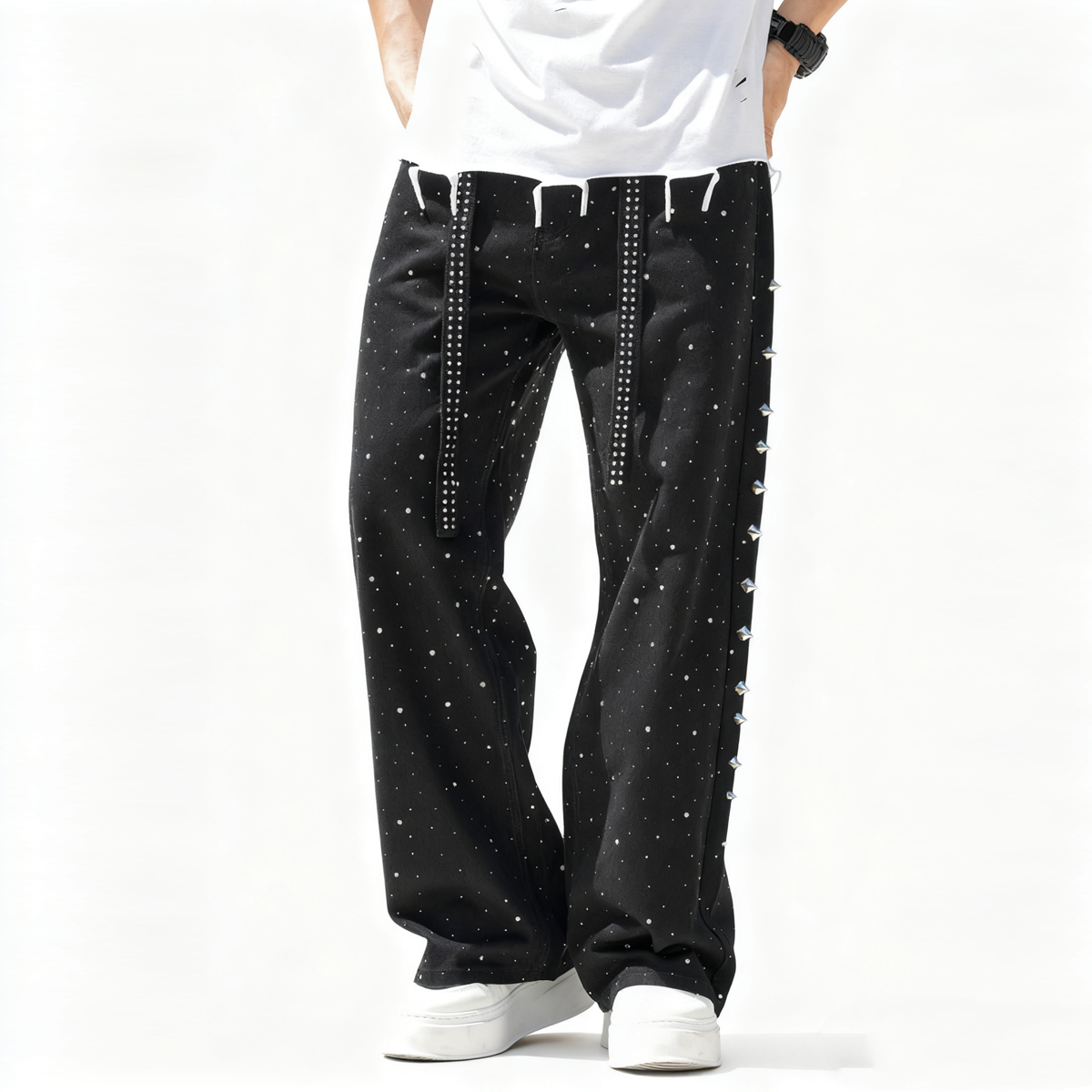 86 Winged  Rhinestone Star Loose Straight Jeans