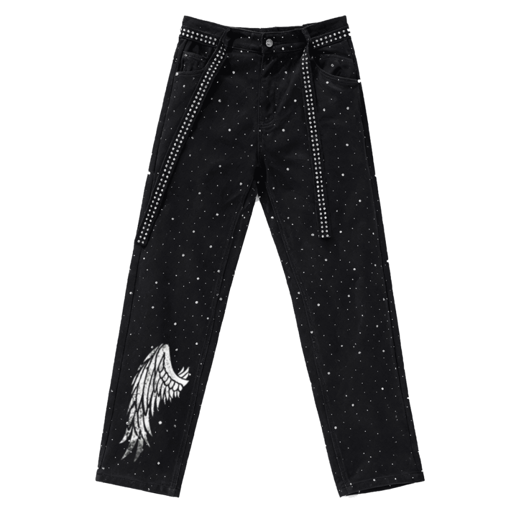 86 Winged  Rhinestone Star Loose Straight Jeans