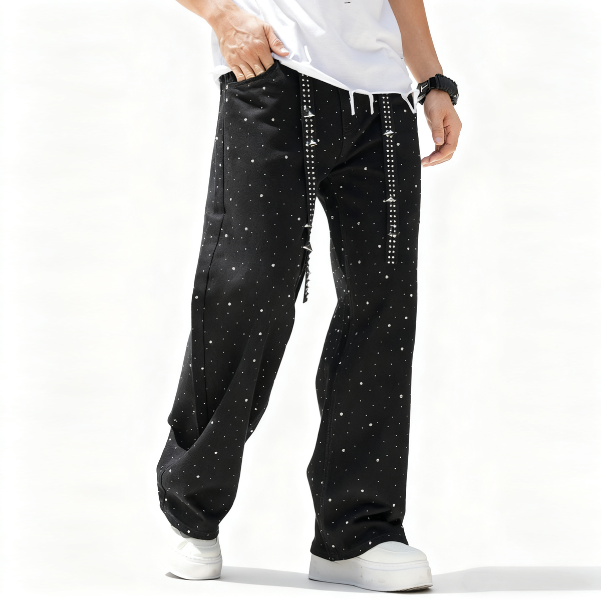 86 Winged  Rhinestone Star Loose Straight Jeans
