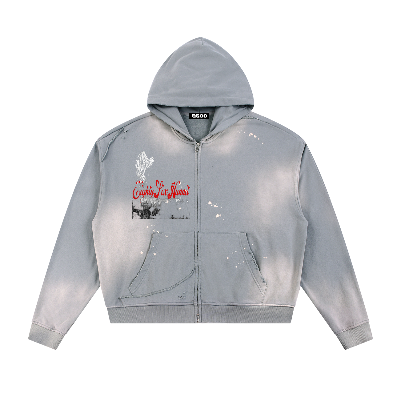 86 Sun Fade Frayed Raw Edge Fleece Zip Hoodie