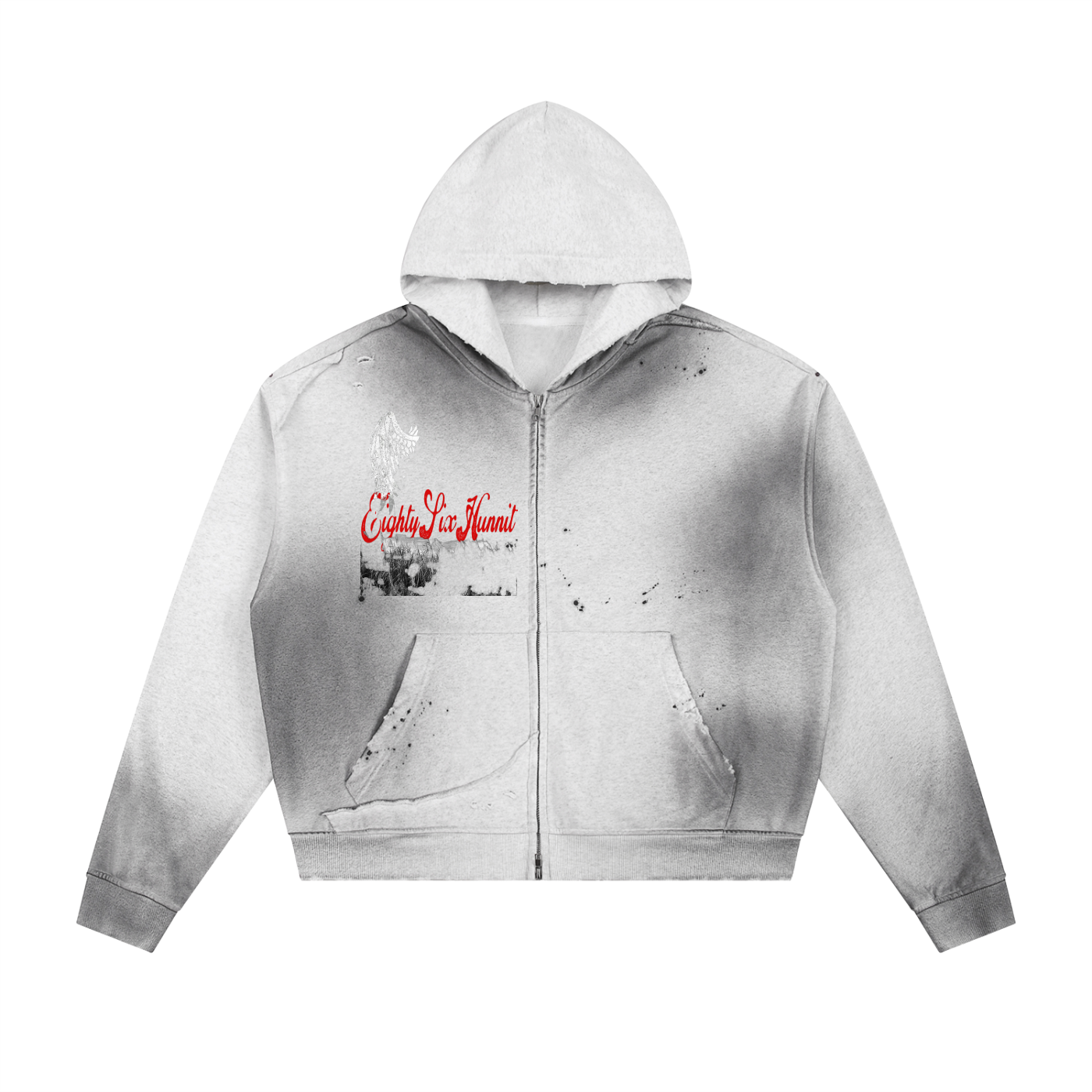 86 Sun Fade Frayed Raw Edge Fleece Zip Hoodie
