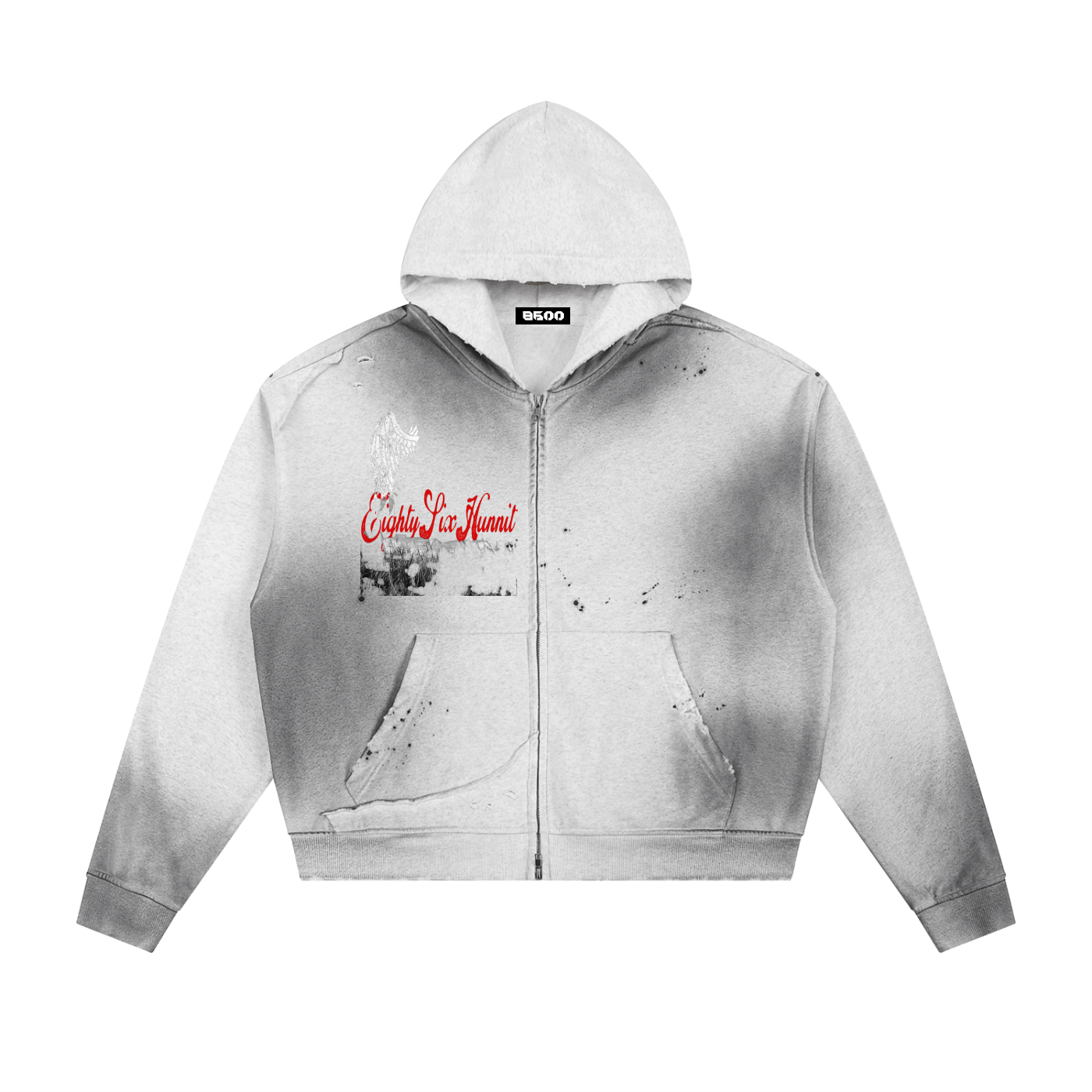 86 Sun Fade Frayed Raw Edge Fleece Zip Hoodie